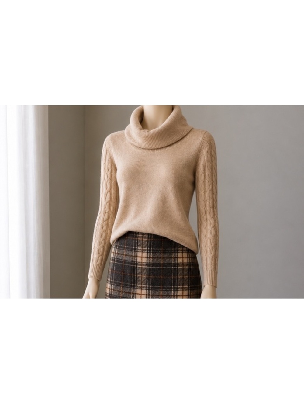 Talbots Pure Cashmere Sweater Women L Beige Cable Knit Sleeve Cowl Neck Tunic